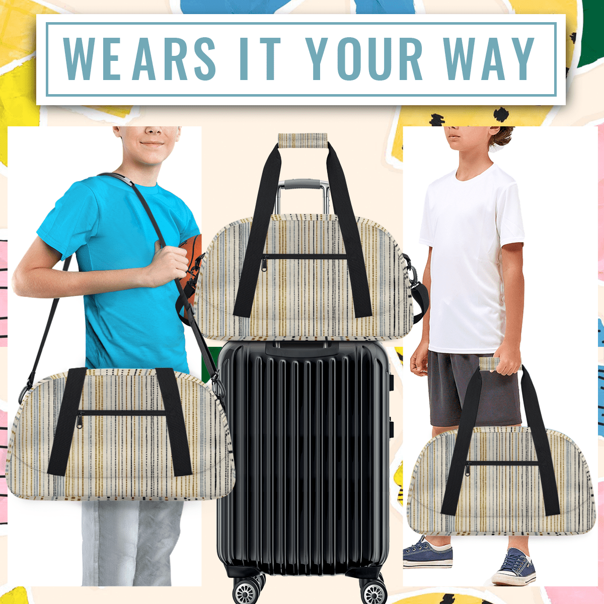 Herdesigns Striped Sports Duffle Bag for Women & Men, Modern Style Gym Bag Dance Bag Overnight Bag Carry On Weekender Travel Bag