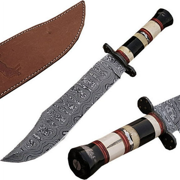 Custom Made Damascus Steel Bowie Knife w/ Buffalo Horn Handle w/