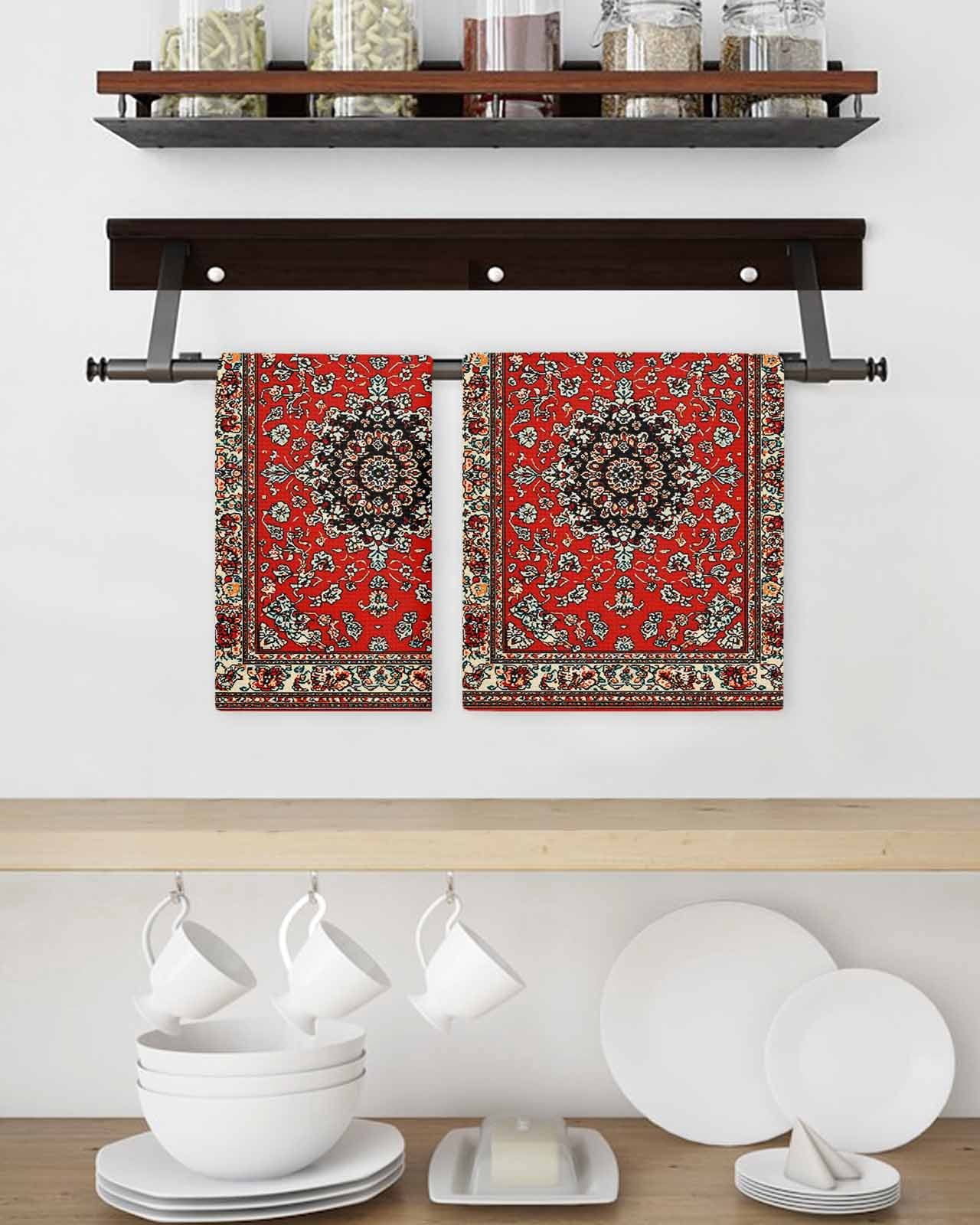 Red Boho Kitchen Dish Towels for Drying Dishes Set of 3, Vintage Farmhouse Abstract Floral Aesthetic Waffle Weave Microfiber Terry Hand Tea Bathroom Towels Quick Dry & Absorbent Towel 15.7x23.6