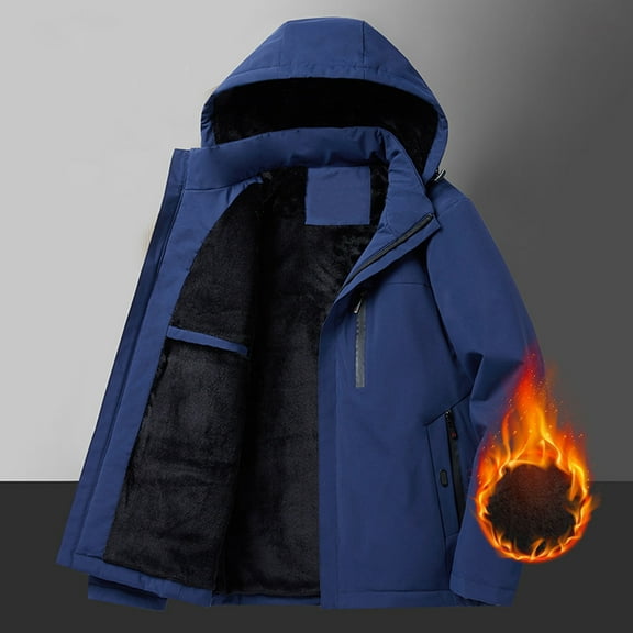 Mens Winter Jacket Mens Winter Jackets Windproof Detachable Hood Sherpa Fleece Lined Coats with Zipper Pockets Outdoor Casual Zip up Drawstring Jacket Hidden Pocket Outerwear