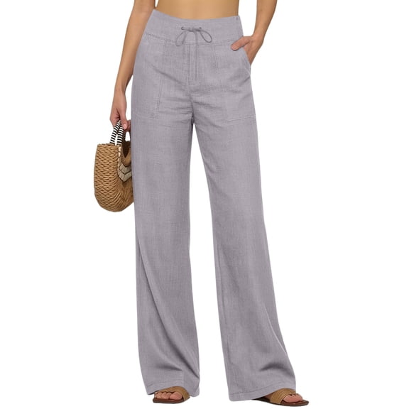 OIOLOYJM Women's Linen Pants 2026 Baggy High Waisted Wide Leg Drawstring Palazzo Pants Summer Beach Casual Boho Lounge Trousers with Pockets Gray XL