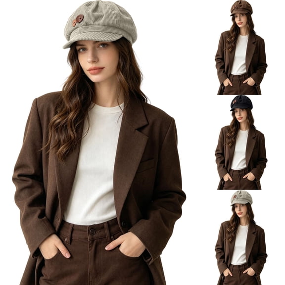 Umfun Women's Winter Newsboy Hat Corduroy Cabbie Cap with Decorative Patch Faux Leather Snap Elastic Back Warm Fall Cold Weather Vintage Casual Hats for Daily Commute Outdoor Travel