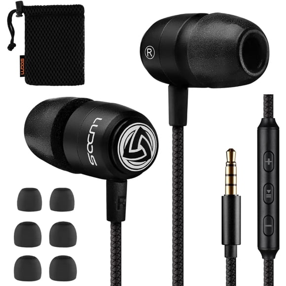 LUDOS Clamor Auriculares con cable en auriculares con micrófono, auriculares con micrófono y control de volumen, espuma de memoria, cable reforzado, graves compatibles con iPhone, Apple, iPad, computa
