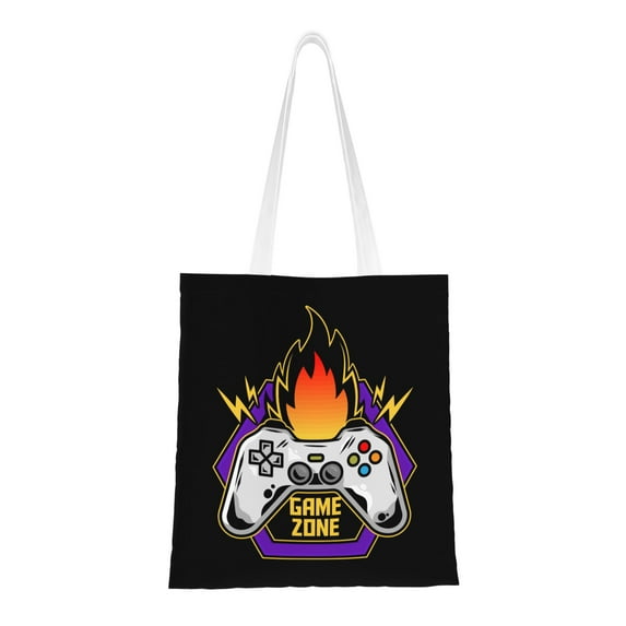 DouZhe Reusable Grocery Bags, Game Zone Games Controller Lightweight Polyester Canvas Cloth Tote Bag for Travle Gym Shopping School, 15" x 16"