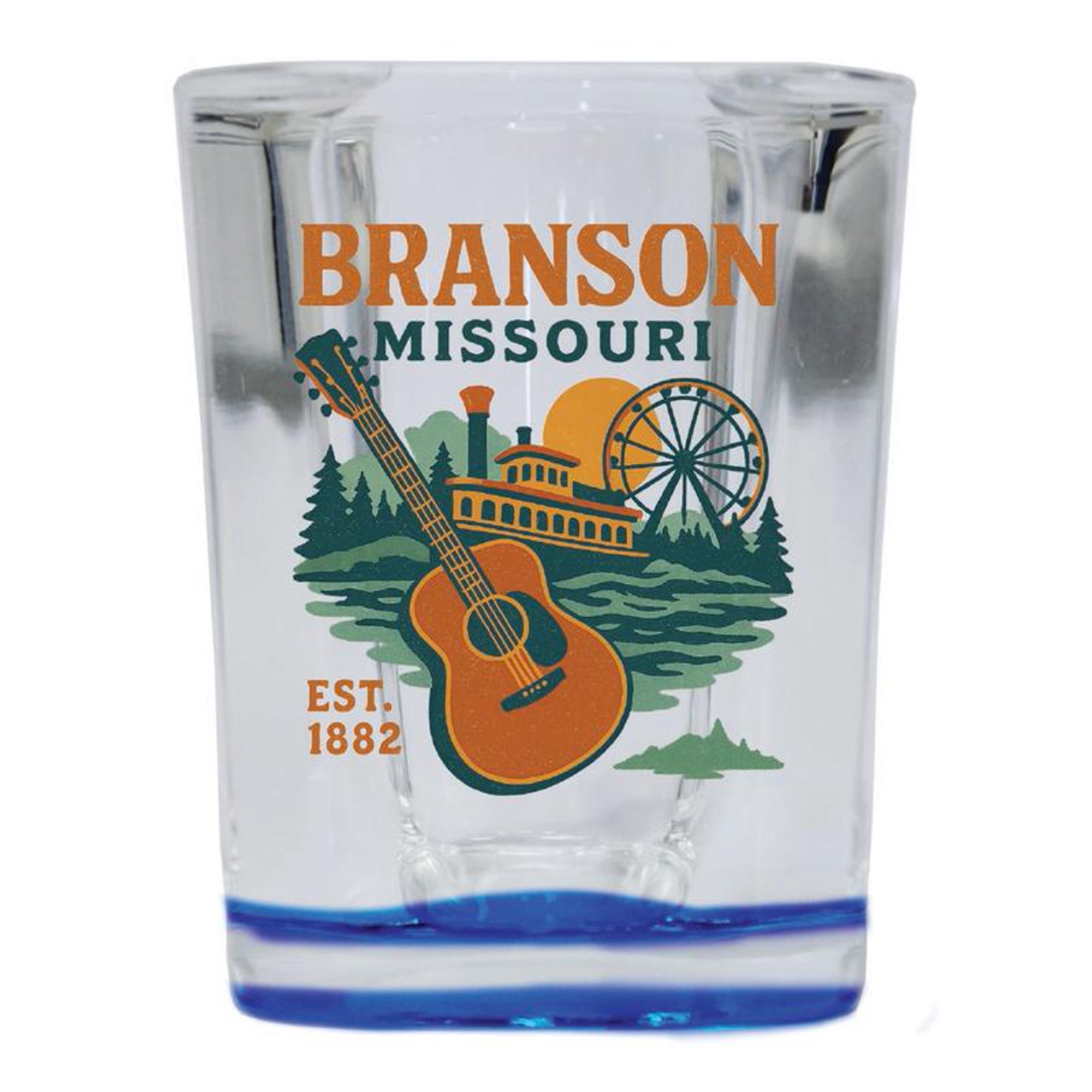 Branson Missouri Vintage Design Souvenir 2 oz Square Shot Glass – Blue