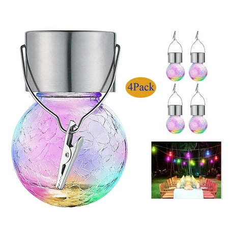 

4 Pack Outdoor Hanging Solar Lights - Cracked Glass Solar Lights Waterproof LED Decorative Ball Lights Tree Solar Powered Globe Lights with Hook for Garden Yard Umbrella Holiday Decoration