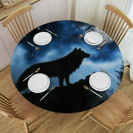 

FUMJ Wolf Full Moon Fantasy Round Tablecloth with Elastic Edge 100% Polyester Fiber 54 -58