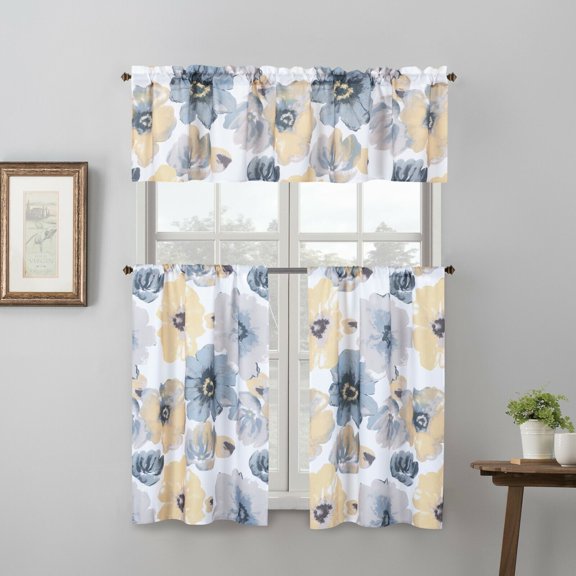 3 Piece Printed Kitchen Curtain Set, 1 Valance & 2 Tiers