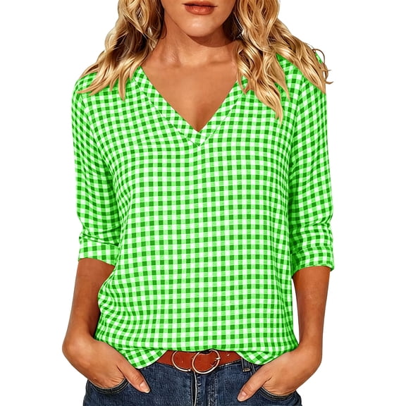 Edvintorg Womens Tops Plaid Printed V Neck 3/4 Sleeve Loose Casual Shirts Summer Clothes for Women Mint Green L