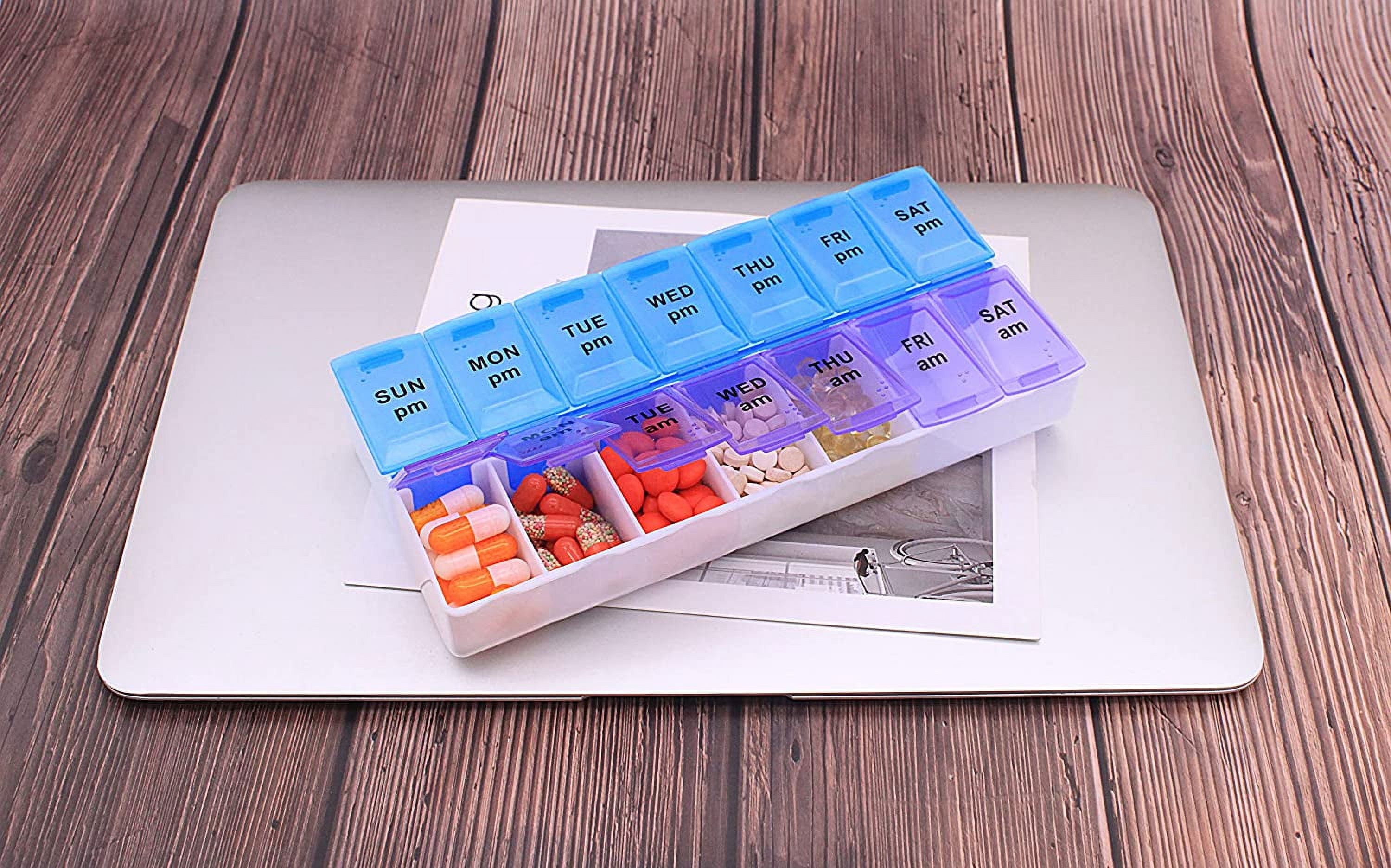 7 Day Weekly AM PM Pill Organizer, Large Pill Case Pill Box for Pills Vitamin Supplements Medication (Purple/Blue)