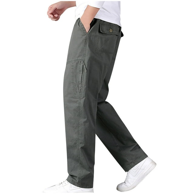 FcBaudy Full Length Pants Man Solid Color Thin Style Elasticity Waist Worker Wearing Pants Straight Tube Men's Pants Easy Trousers Trousers Men Polyester Pants