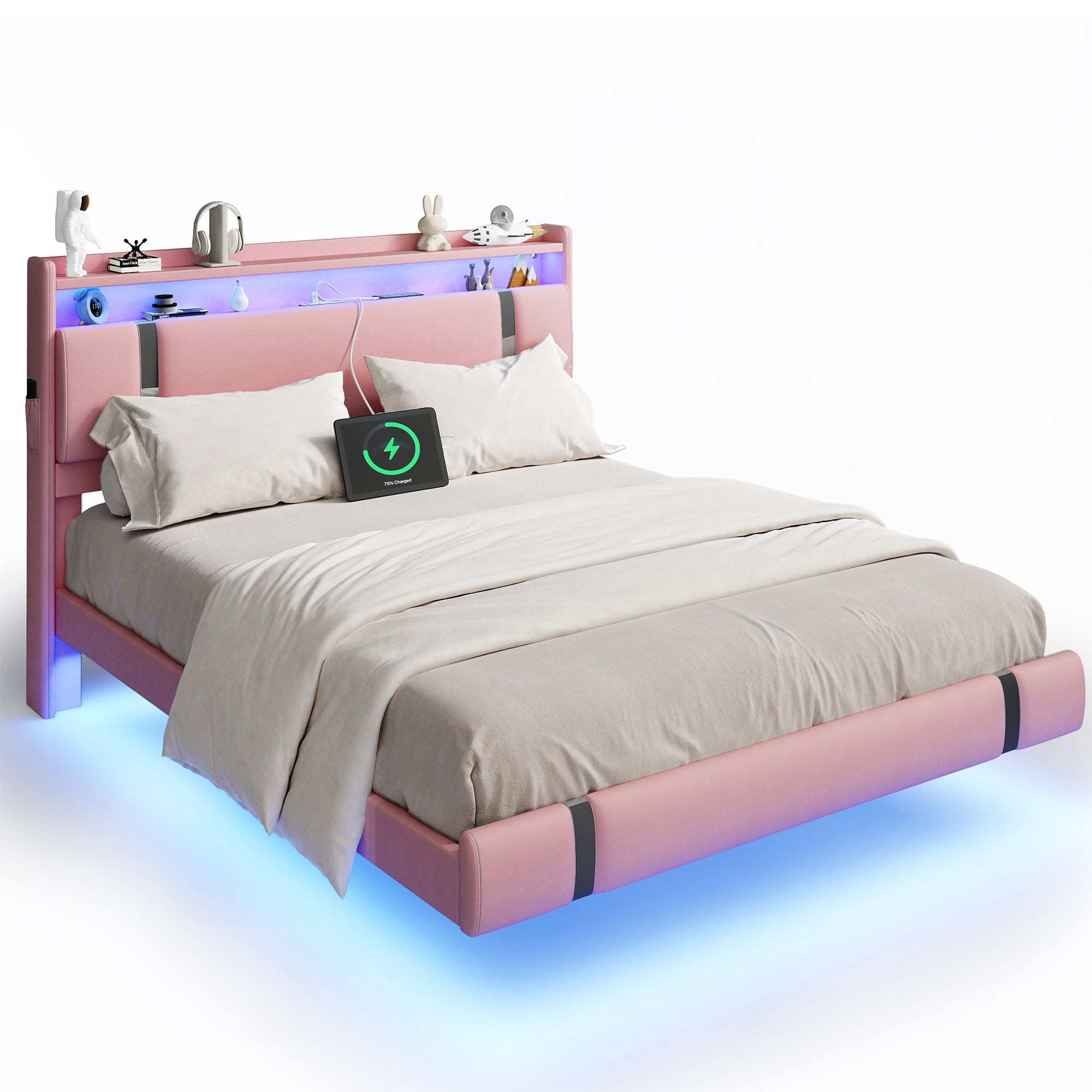 IDEALSOUL Queen Size Floating Bed Frame with Upholstered Storage Headboard, Metal Platform Bed with Charging Station & LED,No Box Spring Needed,Easy to Assemble (Queen,Pink)
