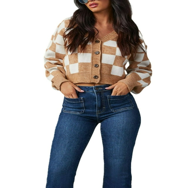 Women‘s Checkerboard Print Cropped Cardigan Long Sleeve V Neck Button Down Sweater Knit Tops L