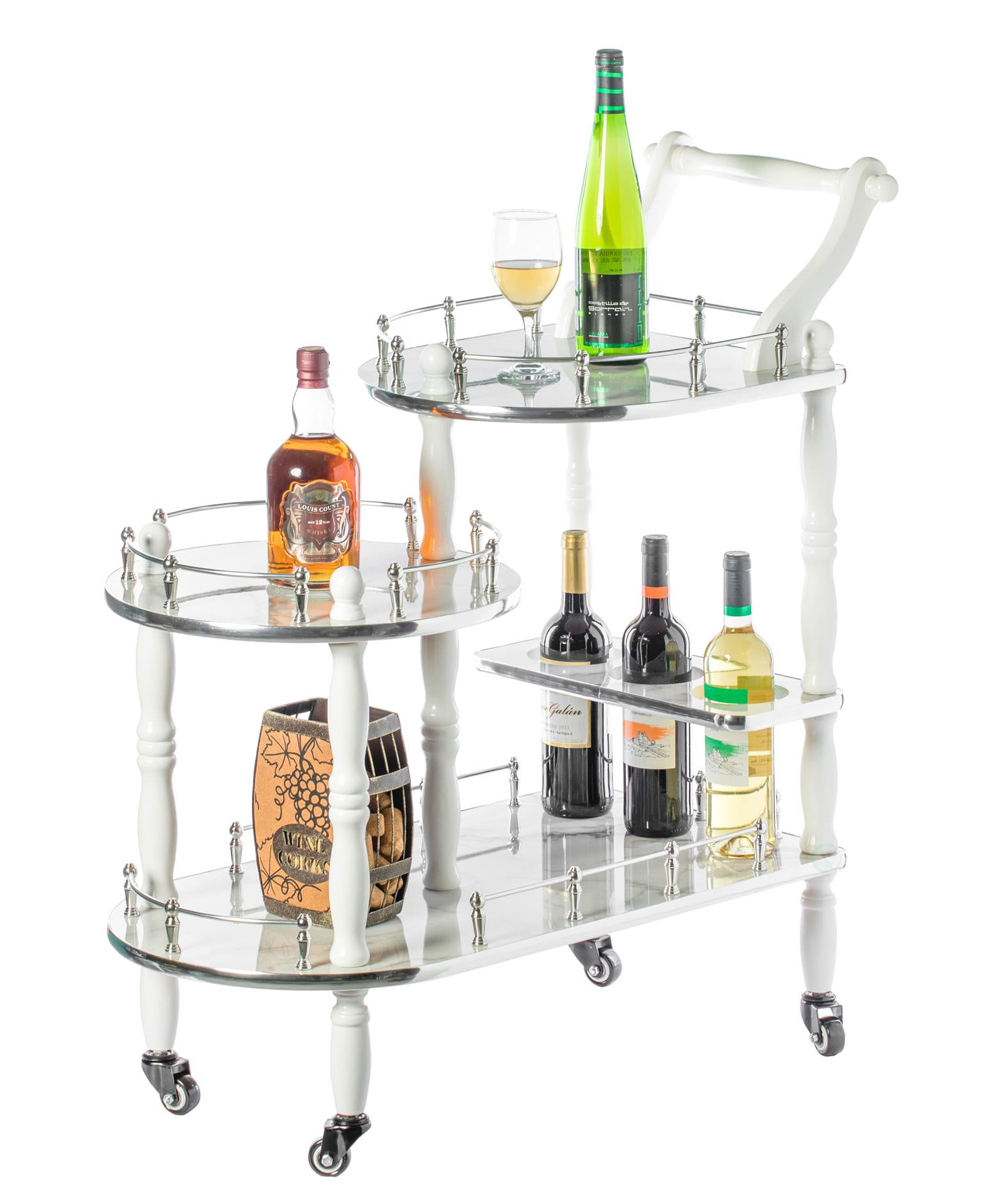 Fabulaxe QI003775.GY 36.5 x 29.5 x 15.75 in. Wood Serving Bar Cart Tea  Trolley with 3 Tier Shelves & Rolling Wheels, Silver, White & Gray