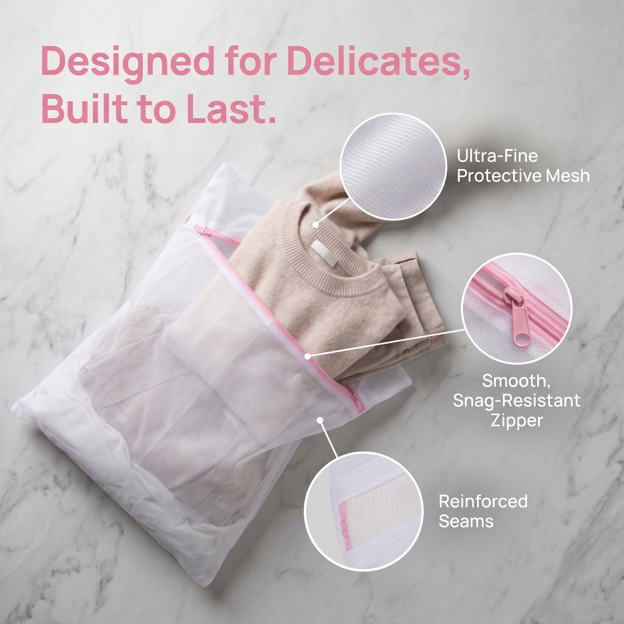Unique Bargains 3Pcs Durable Mesh Zipper Closure Laundry Bag White-Pink 15.7" x 19.7"