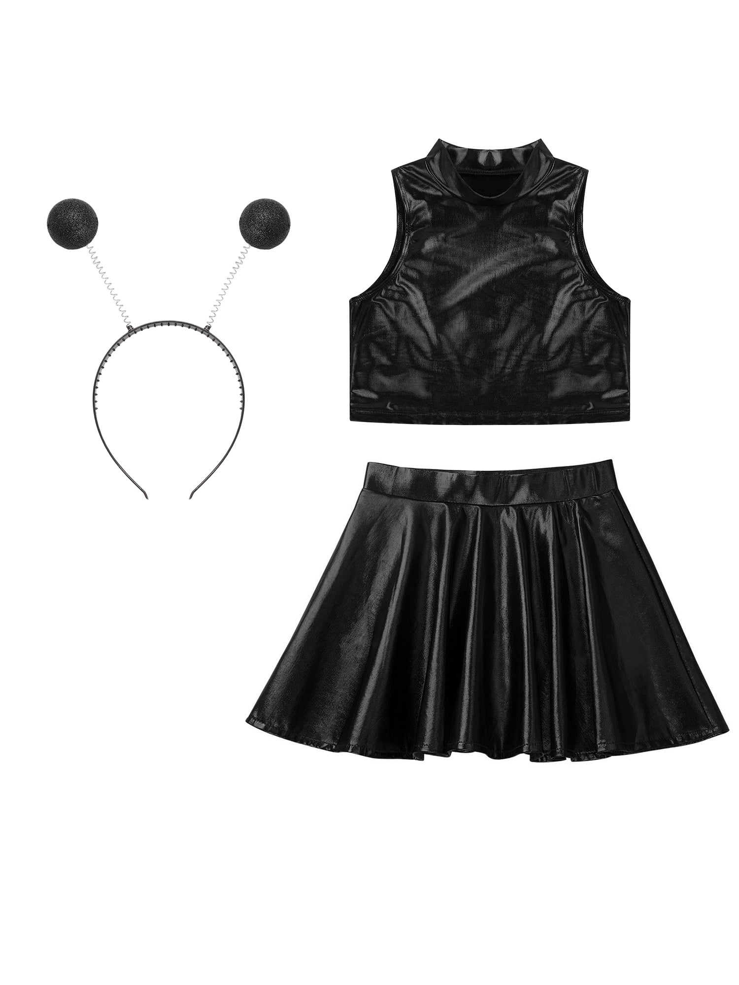 Doomiva 3Pcs Space Alien Outfit for Girls Holographic Metallic Skirt with Crop Top and Hair Hoop Set Black 14