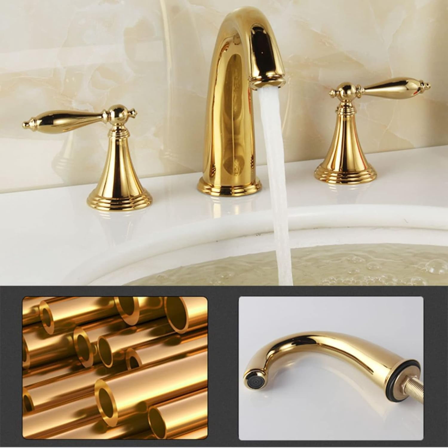 Bathroom Sink Faucet 3 Hole, Brass Sink Faucet Bathroom, Double Handles Bathroom Sink Faucet, Hot and Cold Water Faucet, 2 Lever Handles Bathroom Faucets, Gold