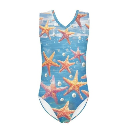 FOR U DESIGNS Cute Toddlers Girls V Neck Swimsuit Starfish Pearl Non-Snaps Bodysuit Size 9-10T Comfortable One-Piece Swimwear for Swimming Surfing