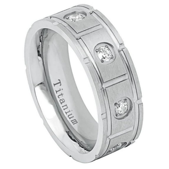 8mm White IP Plated Pipe-Cut Brushed with 8 CZs Wedding Band Ring For Men Or Ladies