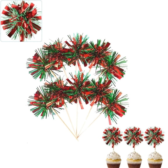 Foil Firework Cupcake Toppers,QZS Portable Sparkle Tinsel Picks,Durable Sparkle Food Toothpick for Birthday Party Cake Decorations (Red,Green)