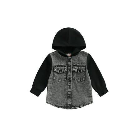 

Toddler Baby Boy Denim Hooded Jacket Long Sleeve Buttons Hoodies Cardigan Coat Fall Spring Clothes