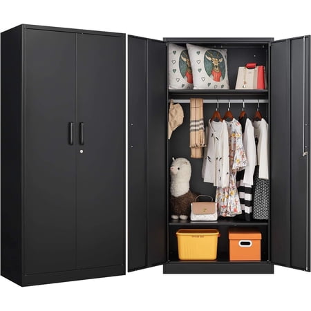 Metal Wardrobe Cabinet with Hanging Rod & Lock Black Armoire Wardrobe Closet Metal Clothing Storage Cabinet with Adjustable Shelves and Doors 72 Amroire Storage Cabinets for Home Living/Laundry Room