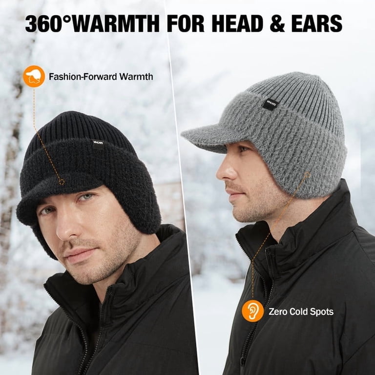 Men & Women Slate Grey Beanie with Brim and Ear Flaps Fleece-Lined Hat Men & Women Dark Gray Beanie with Brim and Ear Flaps Fleece  main image 3