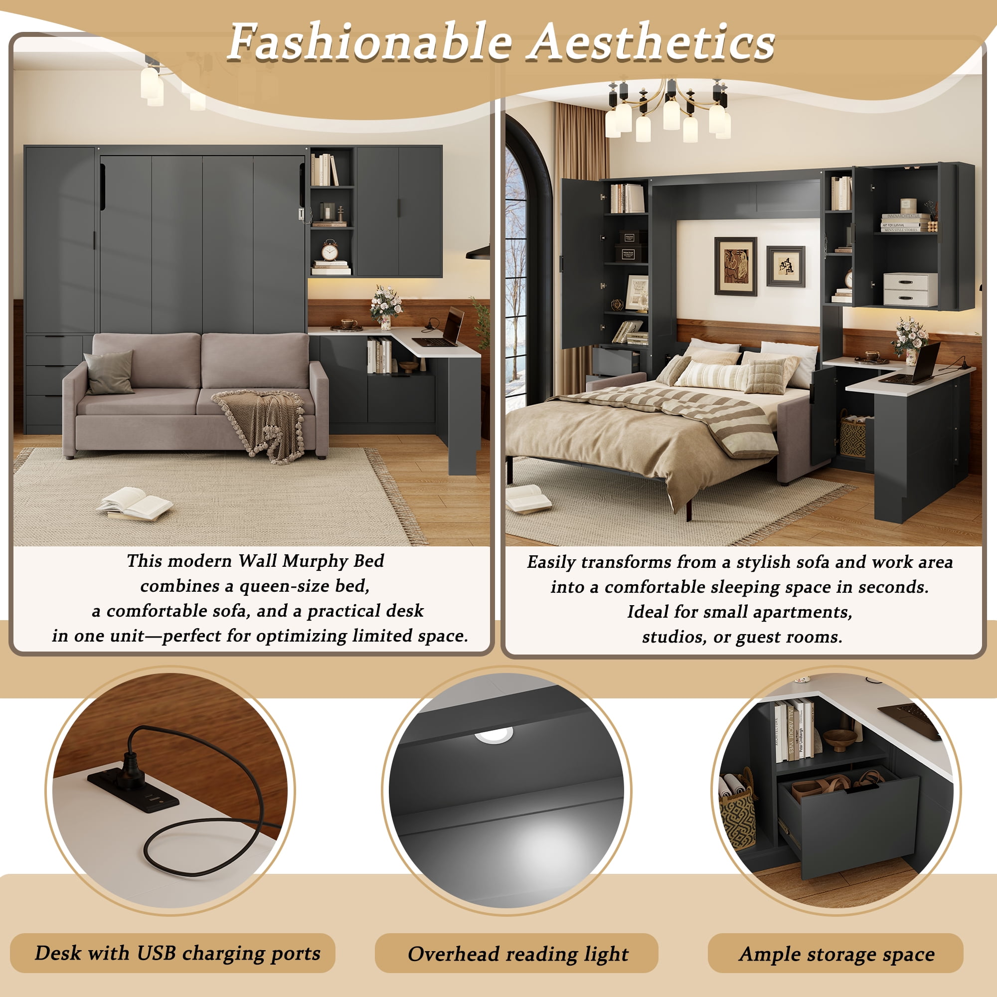 Queen Size Murphy Bed with Sofa, Writing Desk, Storage Shelves & Drawers, LED and USB for Small Space, Guest Room