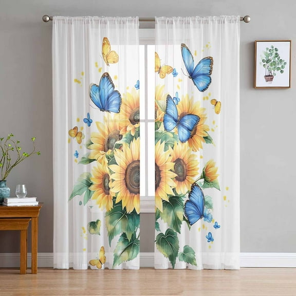 Sunflower Butterfly Semi Sheer Curtains 63 Inch Length 2 Panels Set, Yellow Blue Spring Pastoral Plant Sheer Kitchen Curtain Privacy Voile Window Curtain for Living Room Bedroom Rod Pocket Drapes