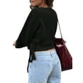 thumbnail image 3 of Women'S V Neck Wrap Sweater Long Lantern Sleeve Cinched Waist Crop Tops Fall Knitwear Black XL, 3 of 8