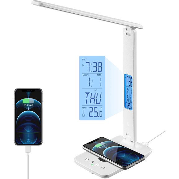 LED Desk Lamp with Wireless Charger, USB Charging Port, Table Lamp with Clock, Alarm, Date, Temperature, Desk Lamps for Home Office