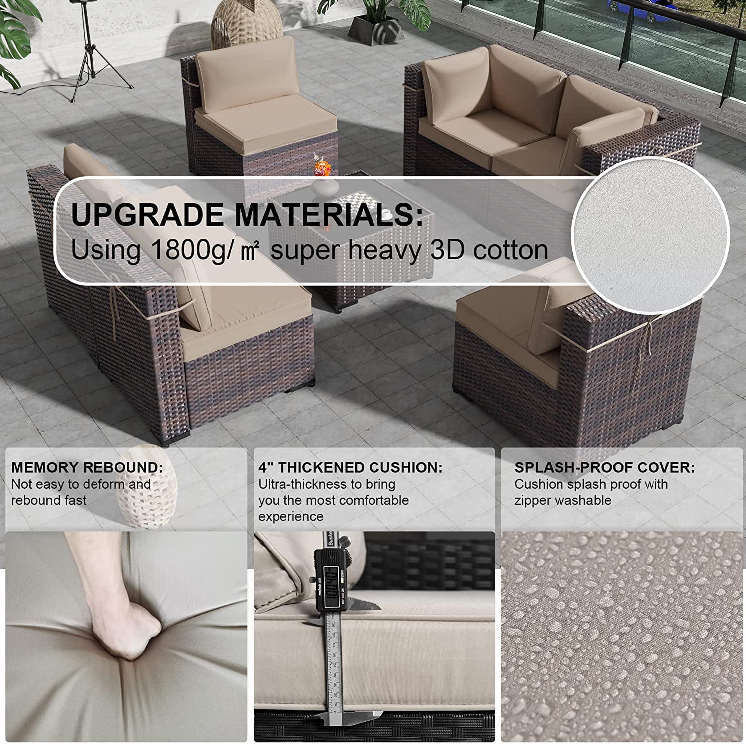 Gotland Patio Furniture Set 7 Pcs Outdoor Sectional Rattan Sofa Brown Sand Cushions,1 Tempered Glass Tea Table