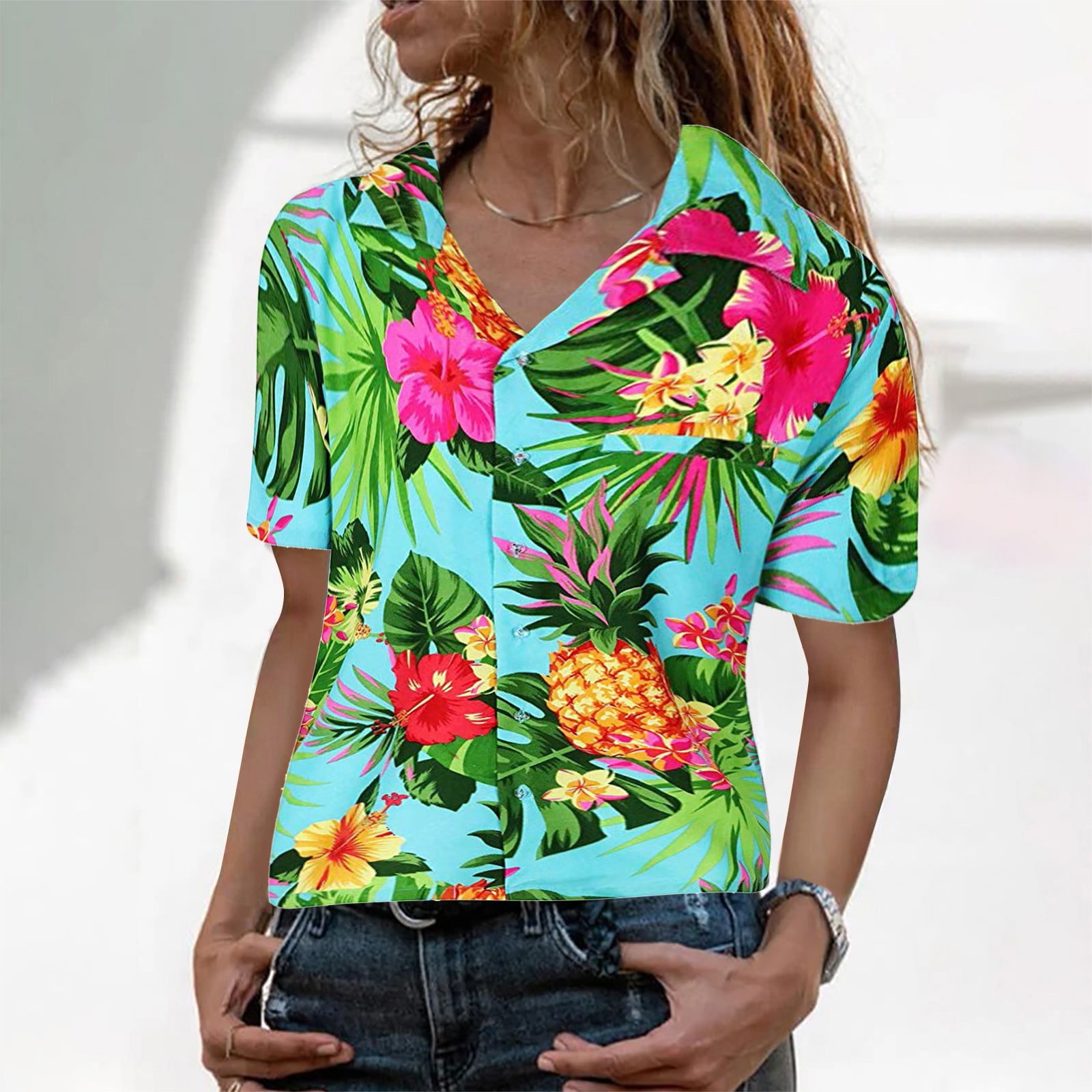 Womens Tops Plus Size Ladies Funky Hawaiian Shirt Blouse Frontpocket Leaves Flowers Print V Neck Short Sleeve Tops -
