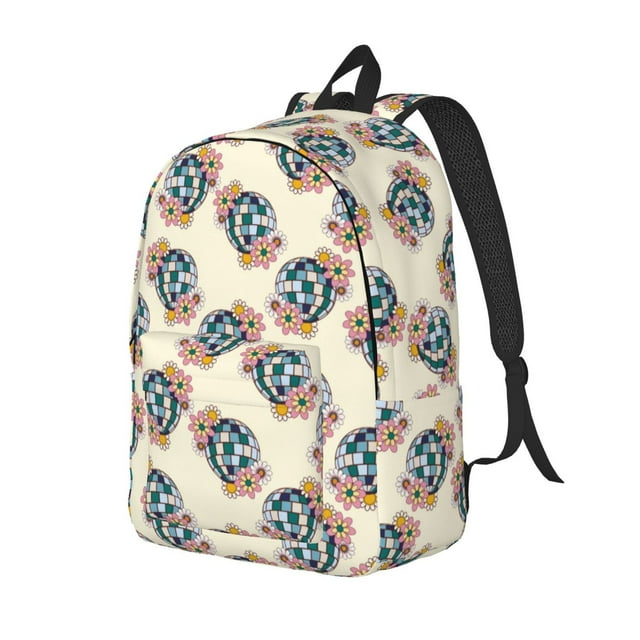 Fotbe 70s Disco Ball Printed Canvas Daypack - Stylish and Durable Vintage Compact Backpack - Class, Work, Travel, or Laptop Bookbag,Organized Compartments-Medium