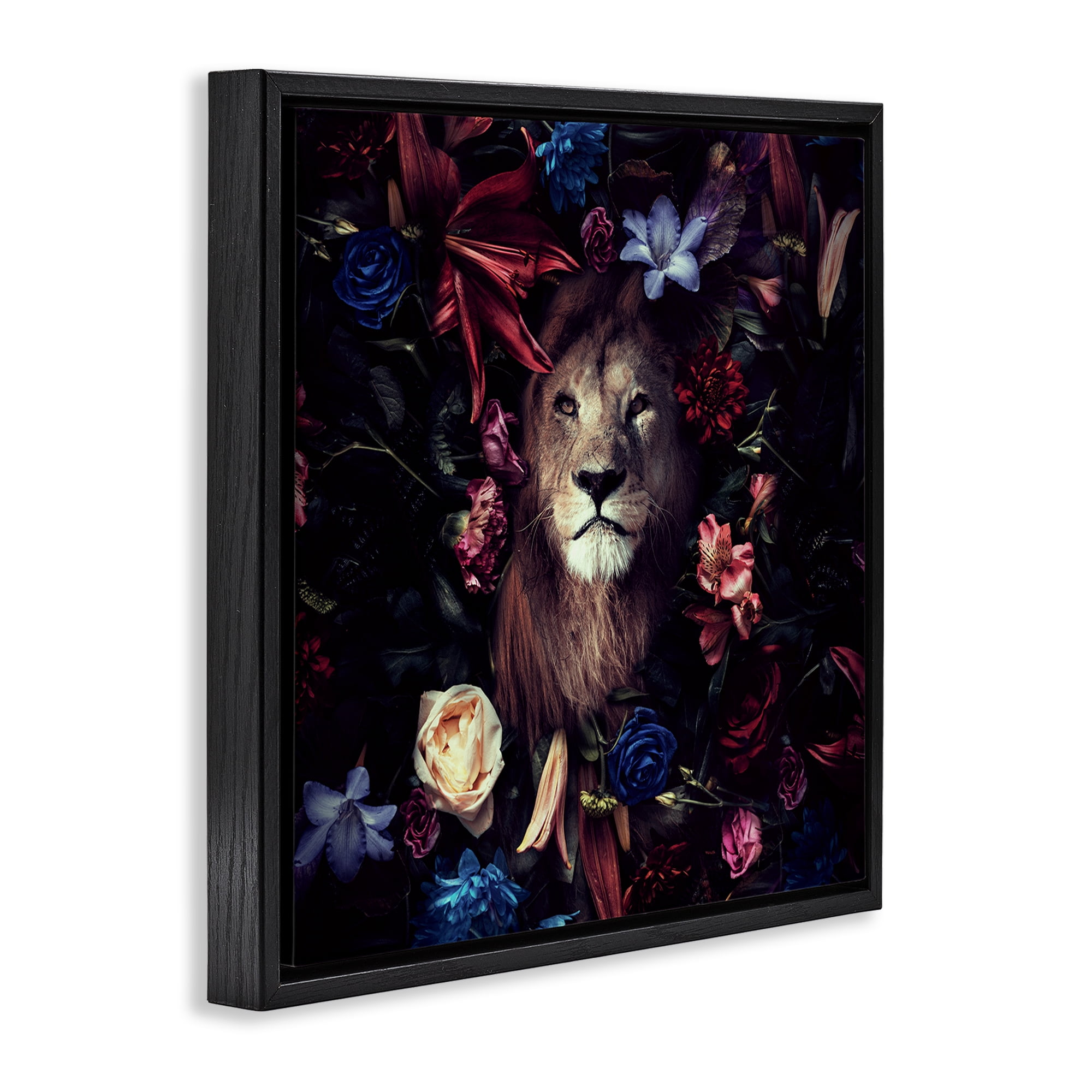 Stupell Industries Lion & Dark Blooms Animals Painting Black Floater Framed Canvas Art Print Wall Art, 25 x 25