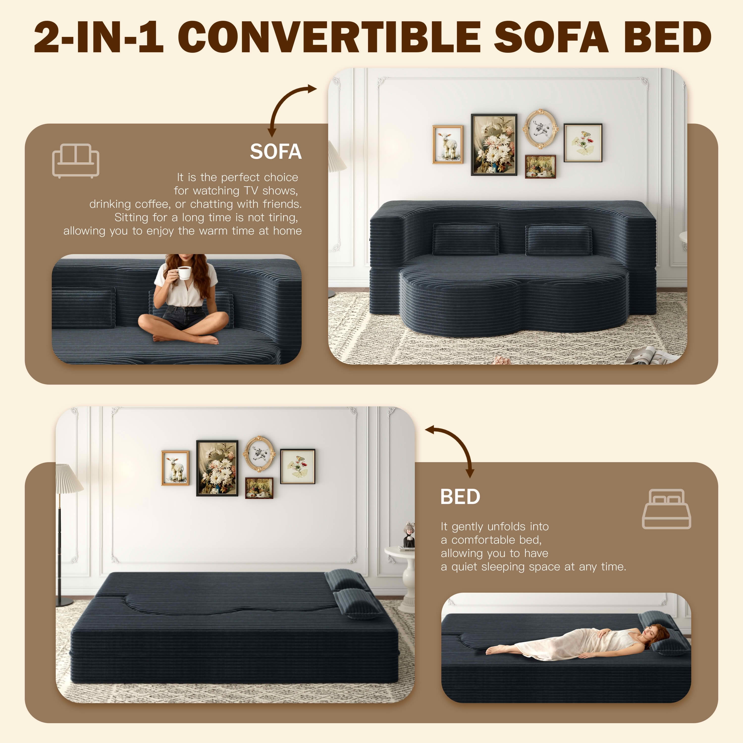 MAYEERTY Twin Corduroy Foldable Foam Floor Sofa Bed, Zero Assembly Vacuum Compressed Sleeper with 2 Pillows