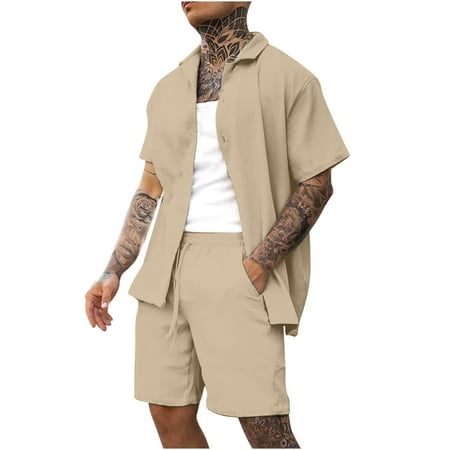 

Men s 2 Piece Outfits Short Sleeve Pocket Button Down Shirt Elastic waist Drawstring Shorts Set