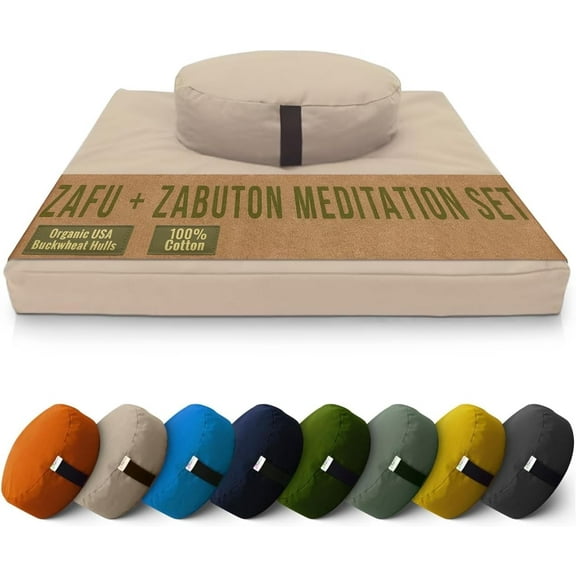 Cotton Meditation Cushion and Mat Set - Organic Buckwheat Filled Oval Zafu Meditation Pillow and Cotton Filled Zabuton Floor Pad - Made in USA, Natural