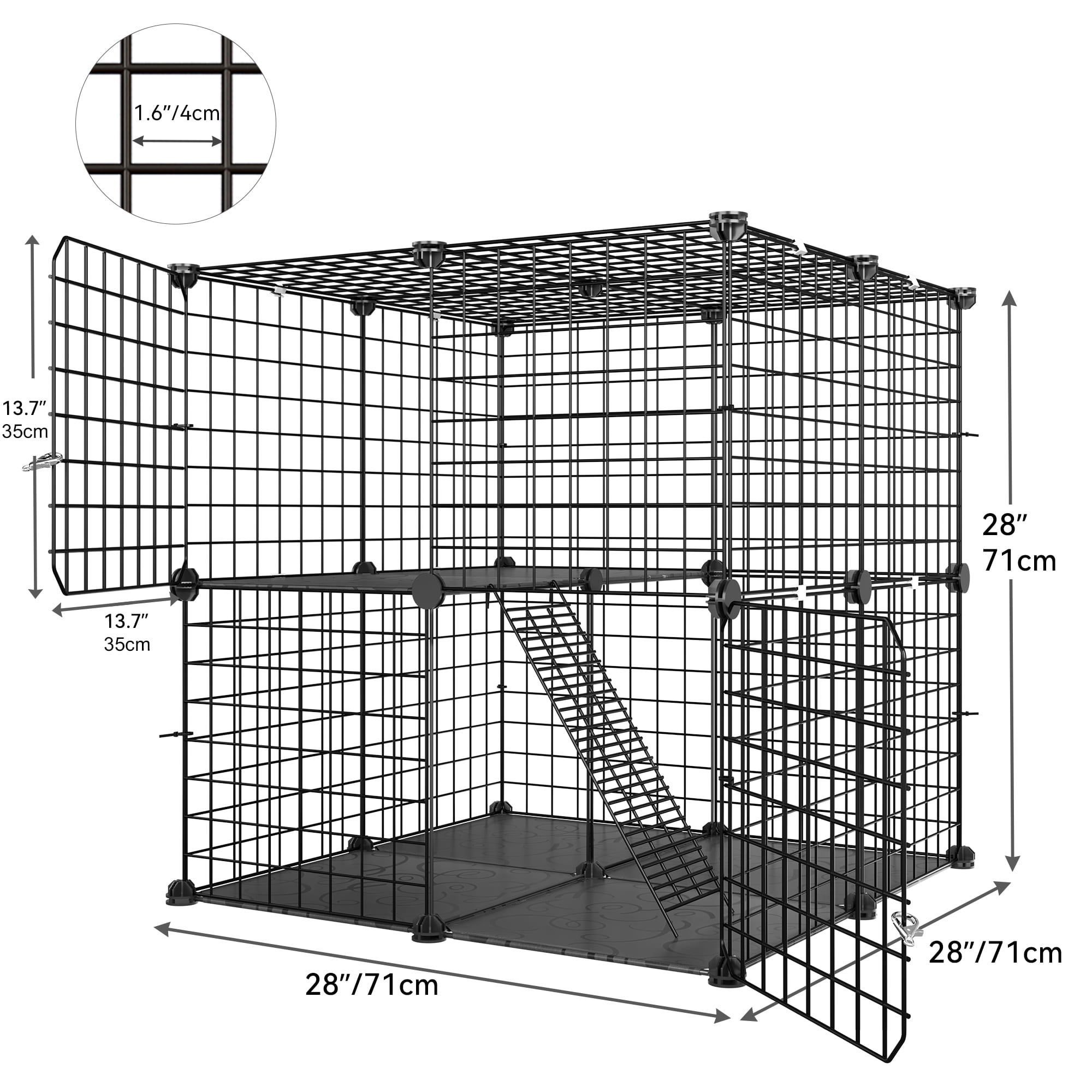 Uforic 2-Tier Cat Cage,Indoor Pet Cage,DIY Pet Playpen Metal Kennel for 1-2 Cats, Ferrets, Chinchillas, Kittens,Travel and Camping,28"L x 28"W x 28"H,Black