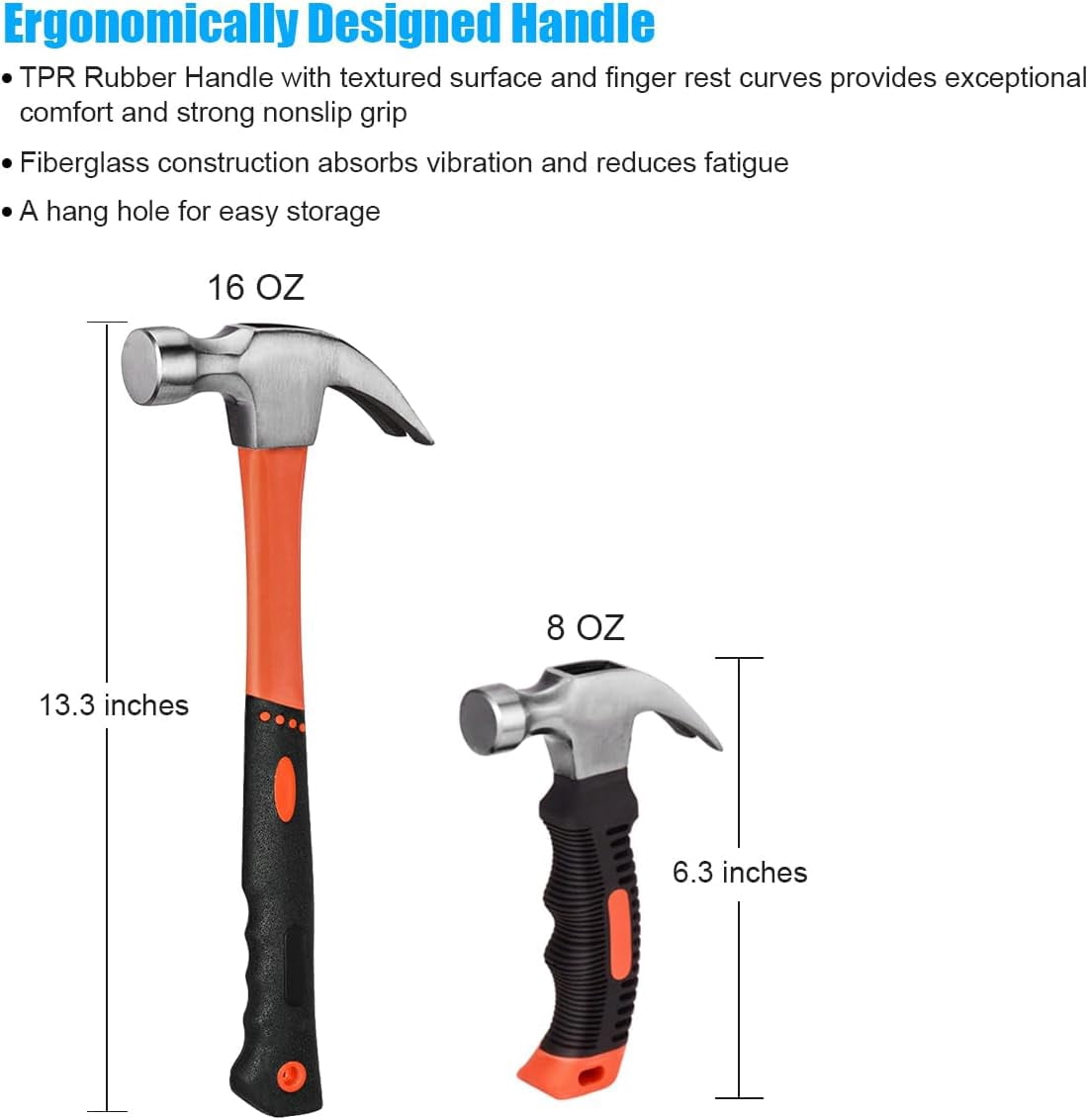 2 Piece Hammer Set, includes Claw Hammer and General Purpose Claw Hammer, Soft Nonslip Handle & Heat Treated Head