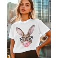 thumbnail image 5 of Women's T-Shirt Cute Rabbit Wearing Glasses Bubble Gum Short Sleeve Casual Tee Classic Crew Neck T Shirt for Women White, S, 5 of 7