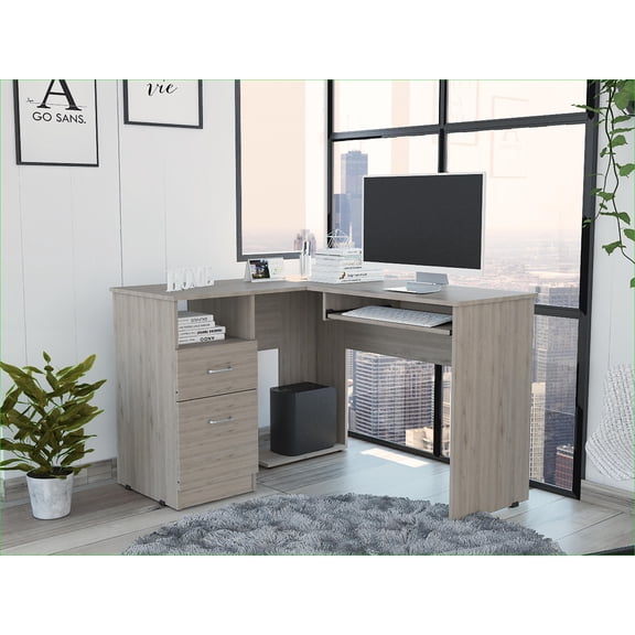 Desks | L-Shaped with Keyboard Tray, 2 Drawers & Open Shelf - Light Gray | Particle Board