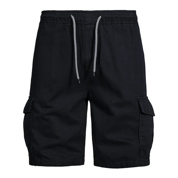 VSSSJ Cargo Shorts for Men Loose Fit Drawstring Elastic Waist Solid Color Short Pants with Multi-Pockets Casual Five Point Hiking Shorts Black L