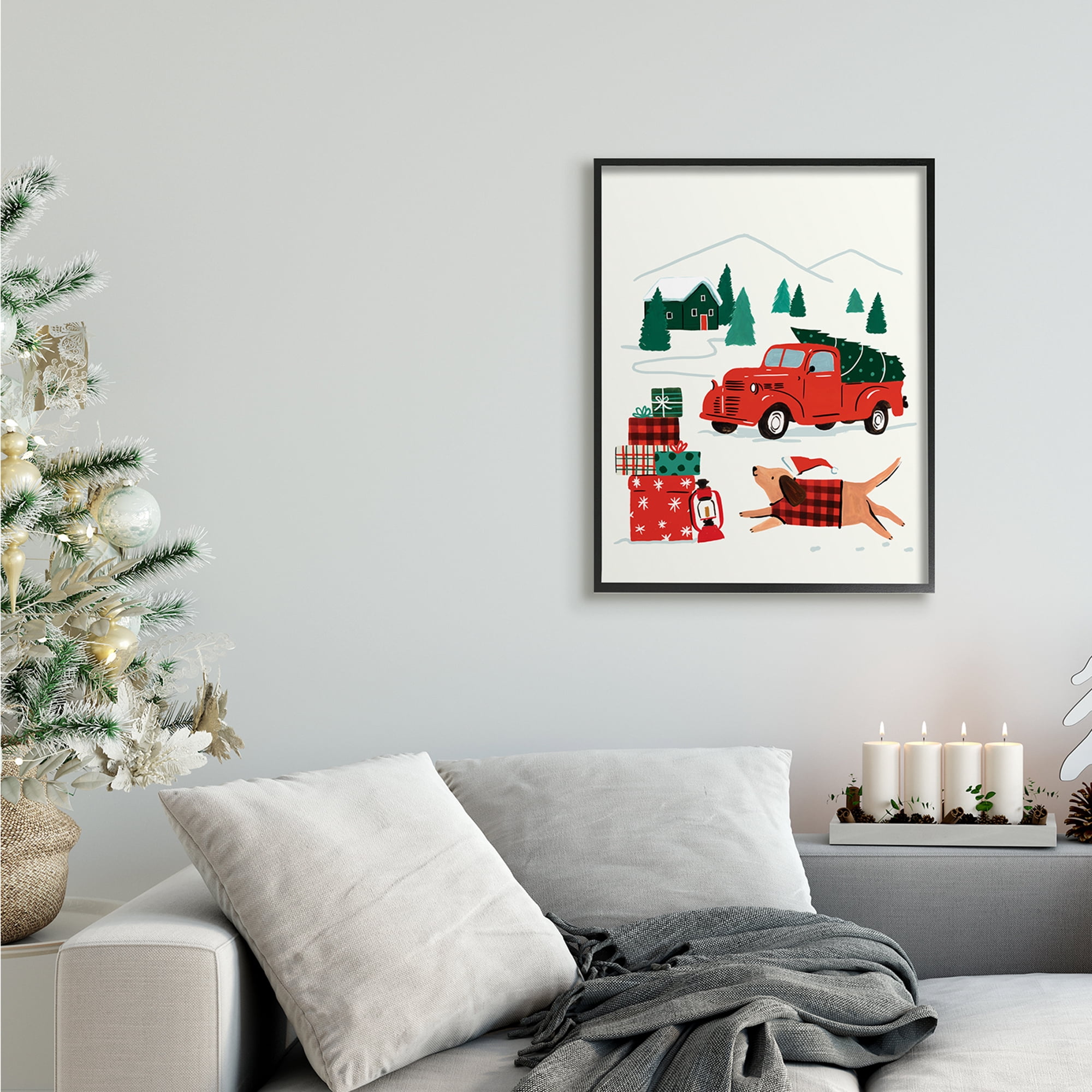 White and Red Retro Cottage Landscape Dog Hat Framed Wall Art Decor 30" x 24"