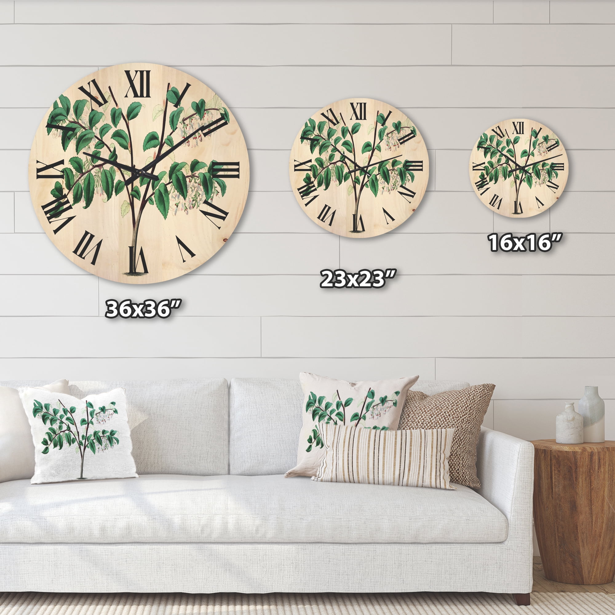 Designart 'Ancient Green Leaves Plants I' Traditional Wood Wall Clock