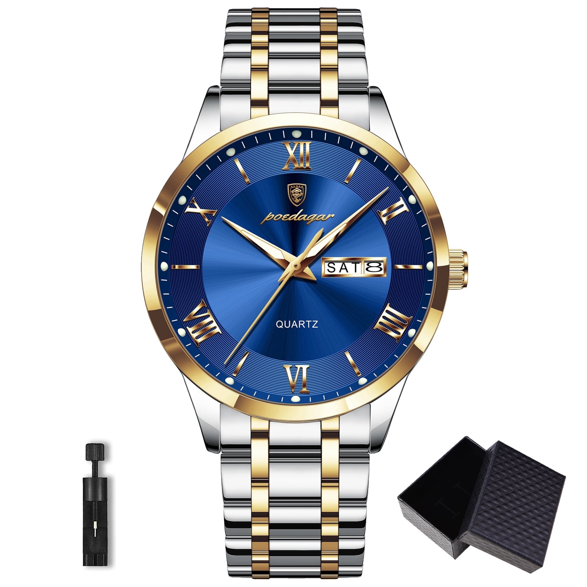 POEDAGAR Fashion Stainless Steel Men's Quartz Watches Waterproof Luminous Week Date Sports Man Wrist Watch