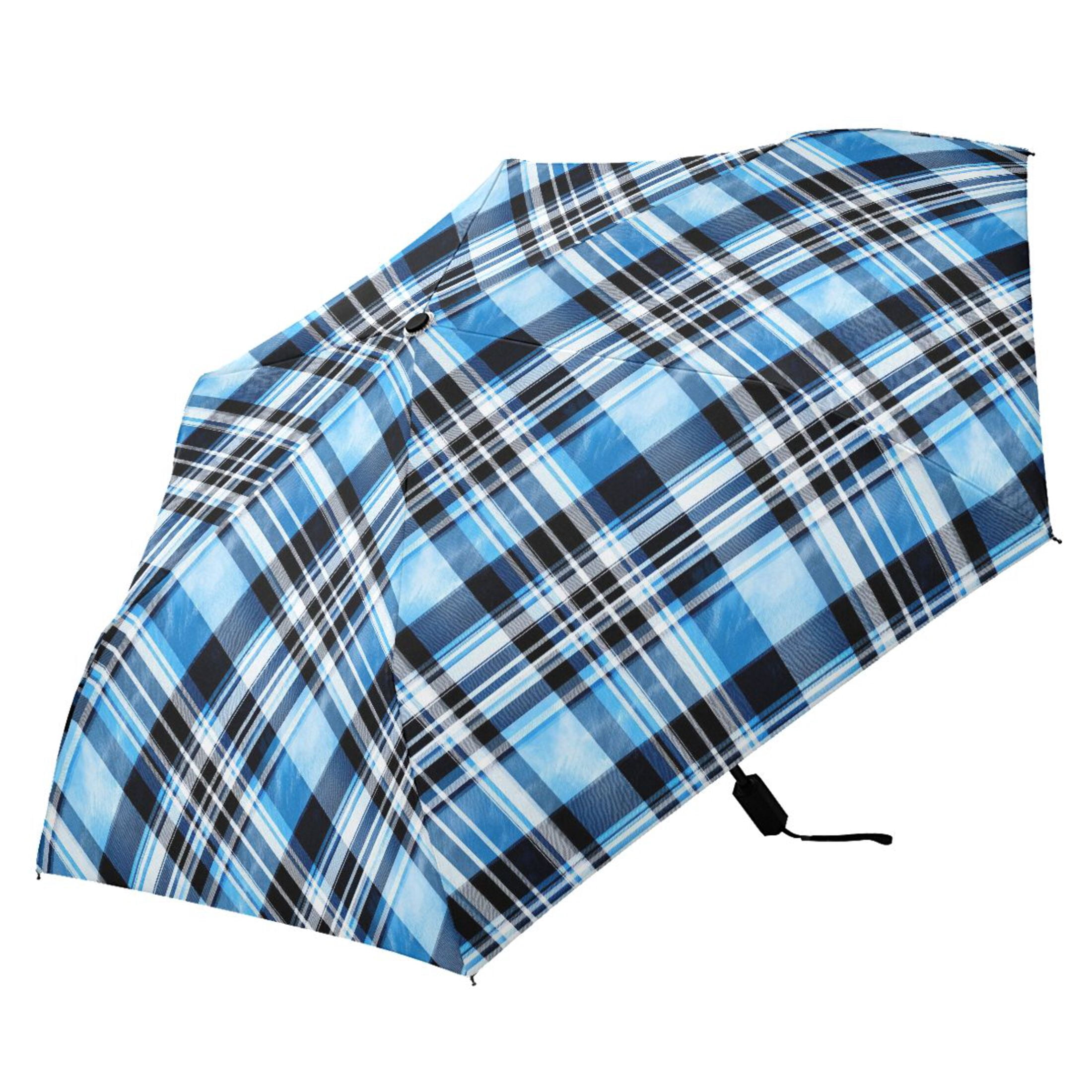 Blue and Black Plaid Compact Sun Umbrella Windproof Travel Umbrellas for Rain Strong Portable UV Protection