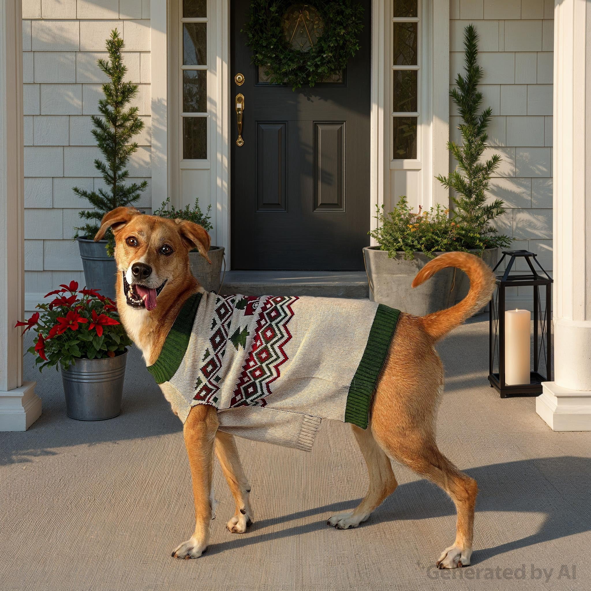 Vibrant Life Holiday Truck Hooded Dog Sweater, Beige & Green, Large