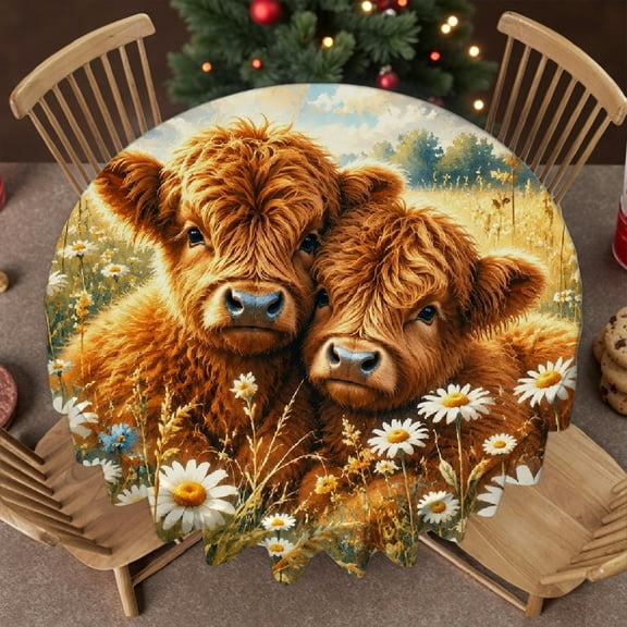 RKSupls 60 Inch Two Highland Calves Daisies Stain Resistant & Washable Decor, 2D Flat Printing Round Tablecloth, Wedding, Party, Holiday, Home Dining