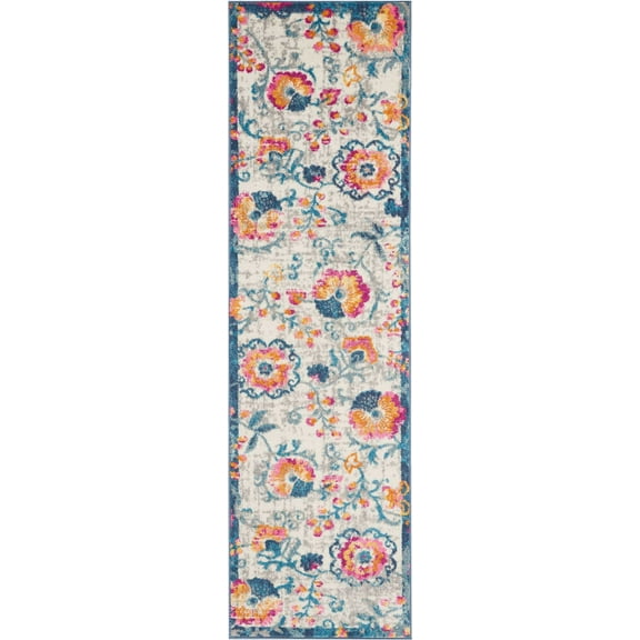 HomeRoots 385486 2 x 8 ft. Ivory & Blue Floral Vines Runner Rug